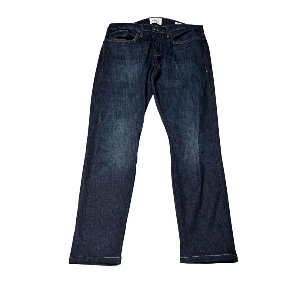 FRAME L Homme Slim Jeans Mens 33 x 28 Blue Slim Straight Stretch Denim Dark Wash
